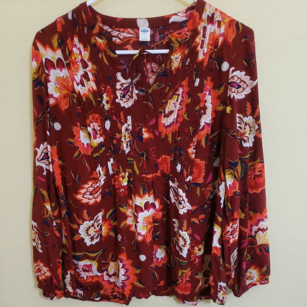 Old Navy Womens Floral Pintuck Peasant Blouse Burgundy Red Long Sleeve Size M